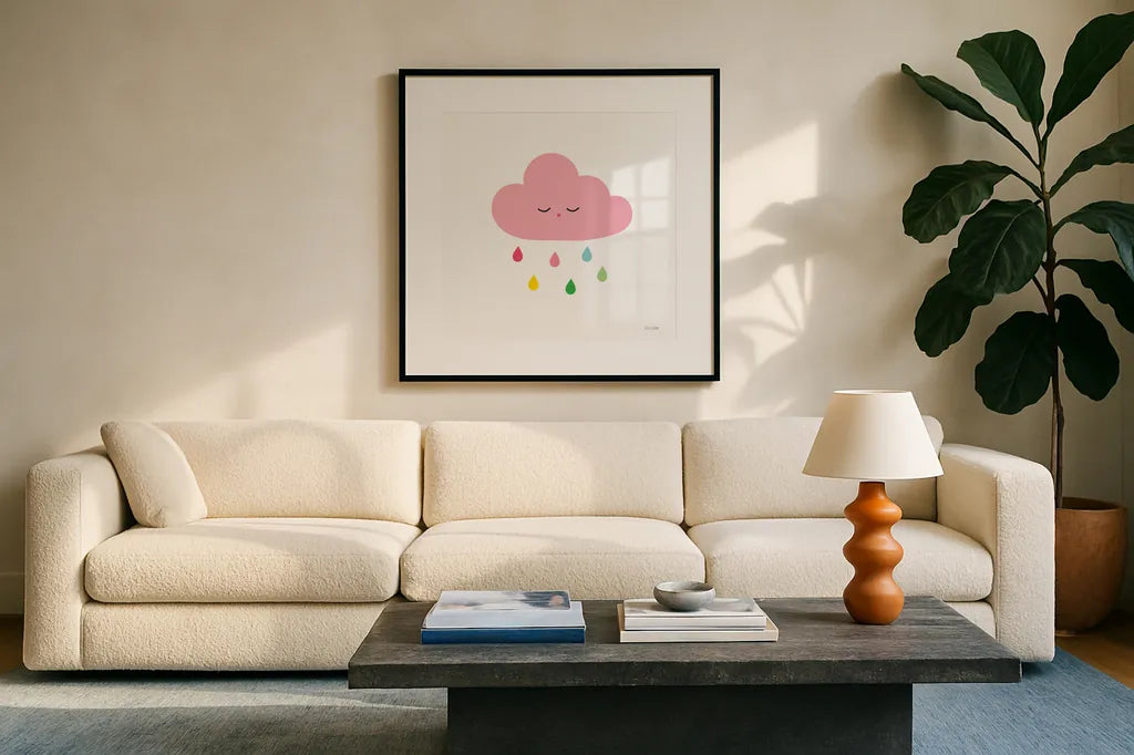 Sleepy Cloud II by Ann Kelle. Displayed in a glass frame with matte in a clean modern living room. Available as an archival giclee rolled canvas, fine art paper, or poster print. SKU 56508a.