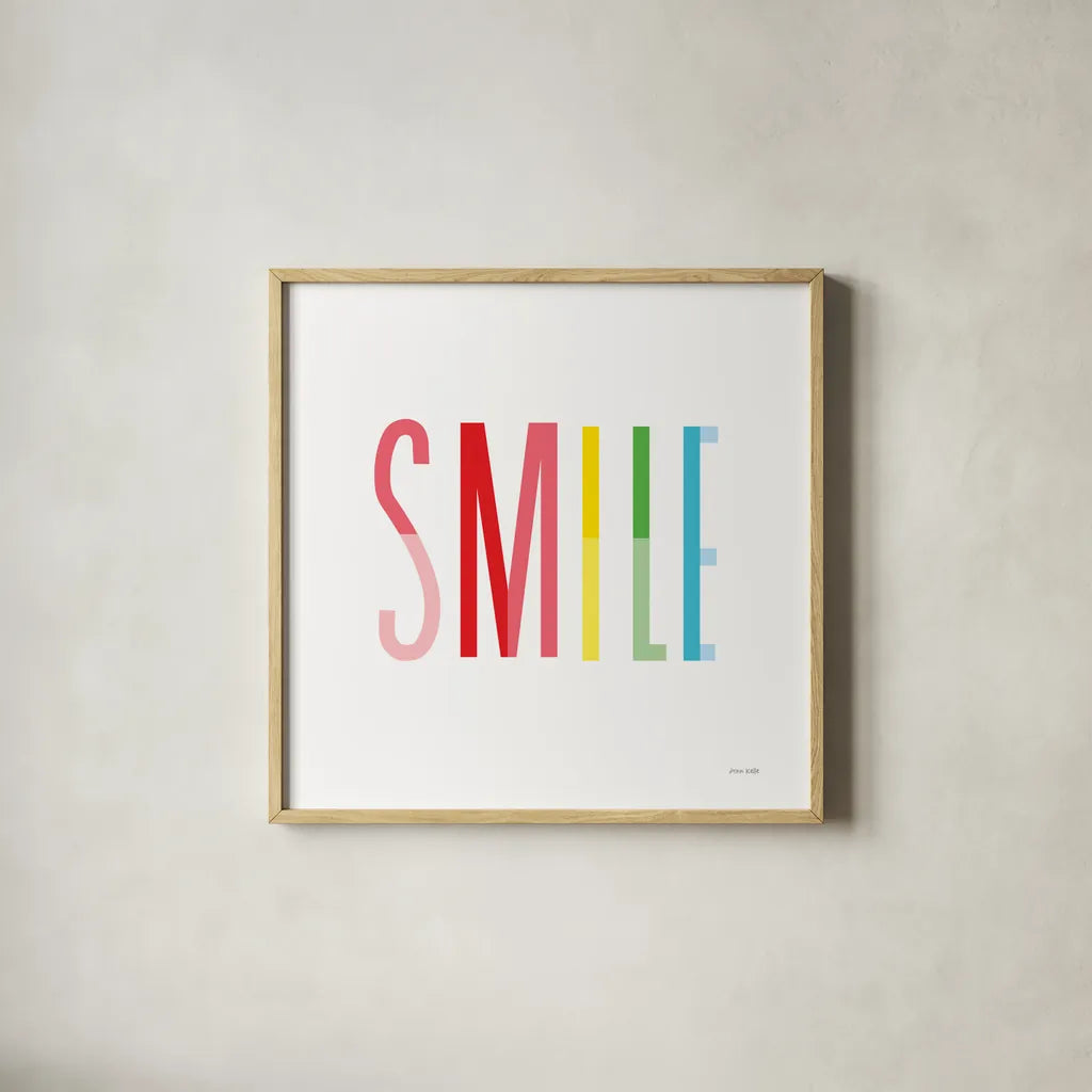 Smile by Ann Kelle. Shown in a natural wood glass frame for a timeless modern aesthetic. Available as an archival giclee rolled canvas, fine art paper, or poster print. SKU 56443a.