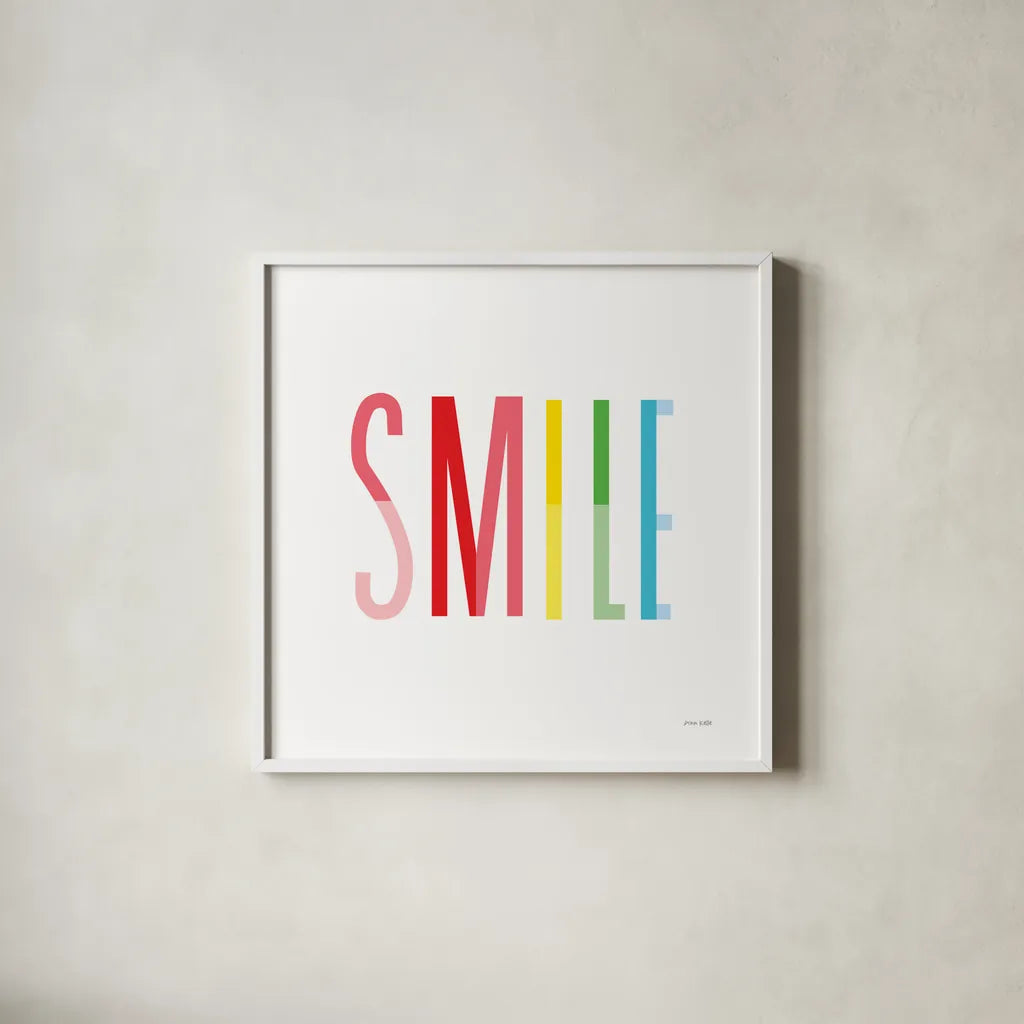 Smile by Ann Kelle. Shown in a crisp white glass frame for a clean and minimalist style. Available as an archival giclee rolled canvas, fine art paper, or poster print. SKU 56443a.