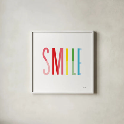 Smile by Ann Kelle. Shown in a crisp white glass frame for a clean and minimalist style. Available as an archival giclee rolled canvas, fine art paper, or poster print. SKU 56443a.