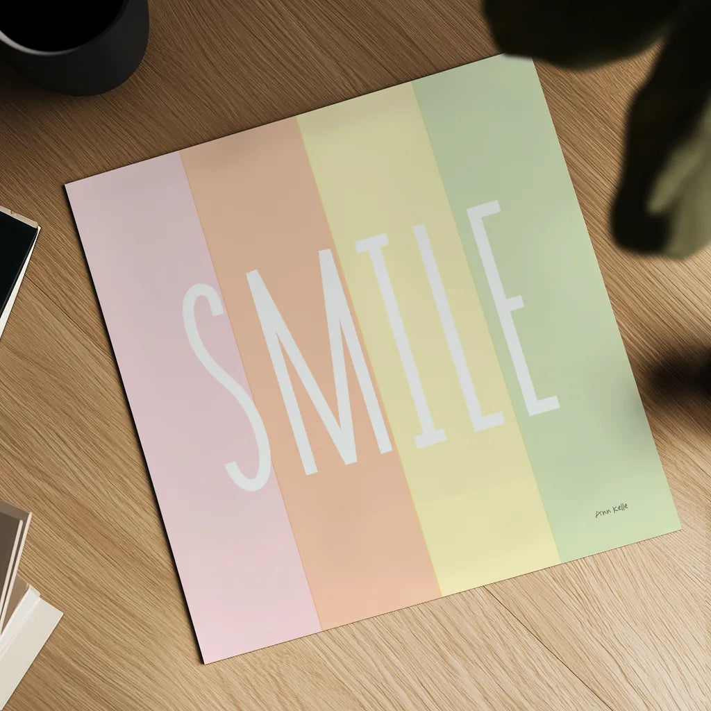 Smile Rainbow by Ann Kelle. Shown as a detailed flat fine art print, highlighting archival giclee quality. Available as an archival giclee rolled canvas, fine art paper, or poster print. SKU 55603a.