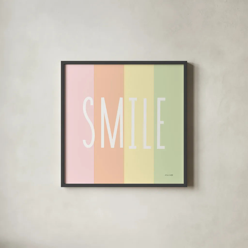 Smile Rainbow by Ann Kelle. Shown in a sleek black glass frame for a contemporary gallery look. Available as an archival giclee rolled canvas, fine art paper, or poster print. SKU 55603a.