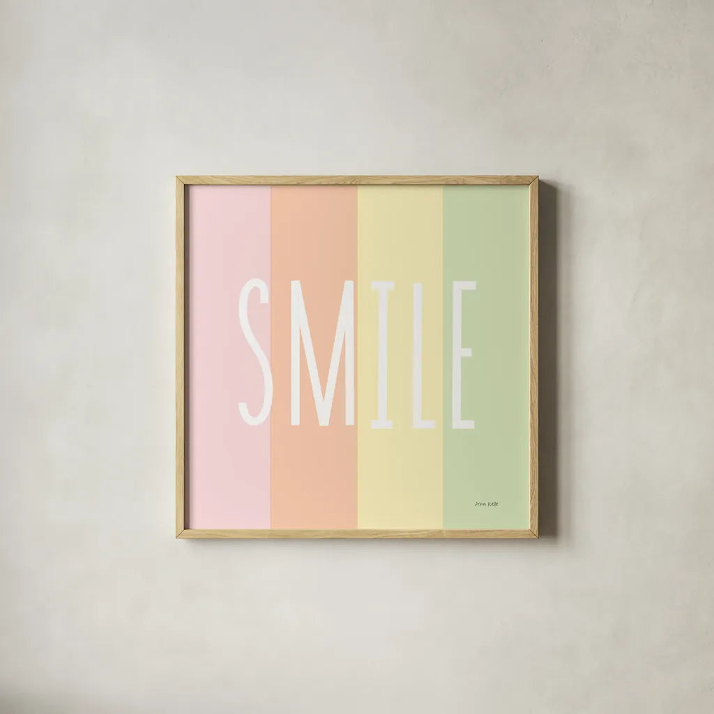 Smile Rainbow by Ann Kelle. Shown in a natural wood glass frame for a timeless modern aesthetic. Available as an archival giclee rolled canvas, fine art paper, or poster print. SKU 55603a.