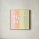 Smile Rainbow by Ann Kelle. Shown in a natural wood glass frame for a timeless modern aesthetic. Available as an archival giclee rolled canvas, fine art paper, or poster print. SKU 55603a.