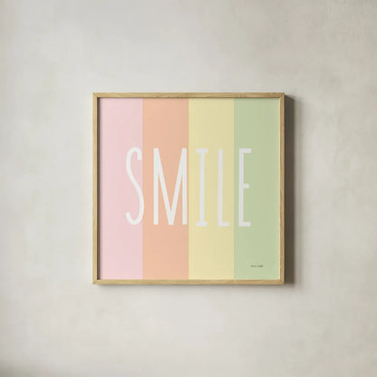 Smile Rainbow by Ann Kelle. Shown in a natural wood glass frame for a timeless modern aesthetic. Available as an archival giclee rolled canvas, fine art paper, or poster print. SKU 55603a.