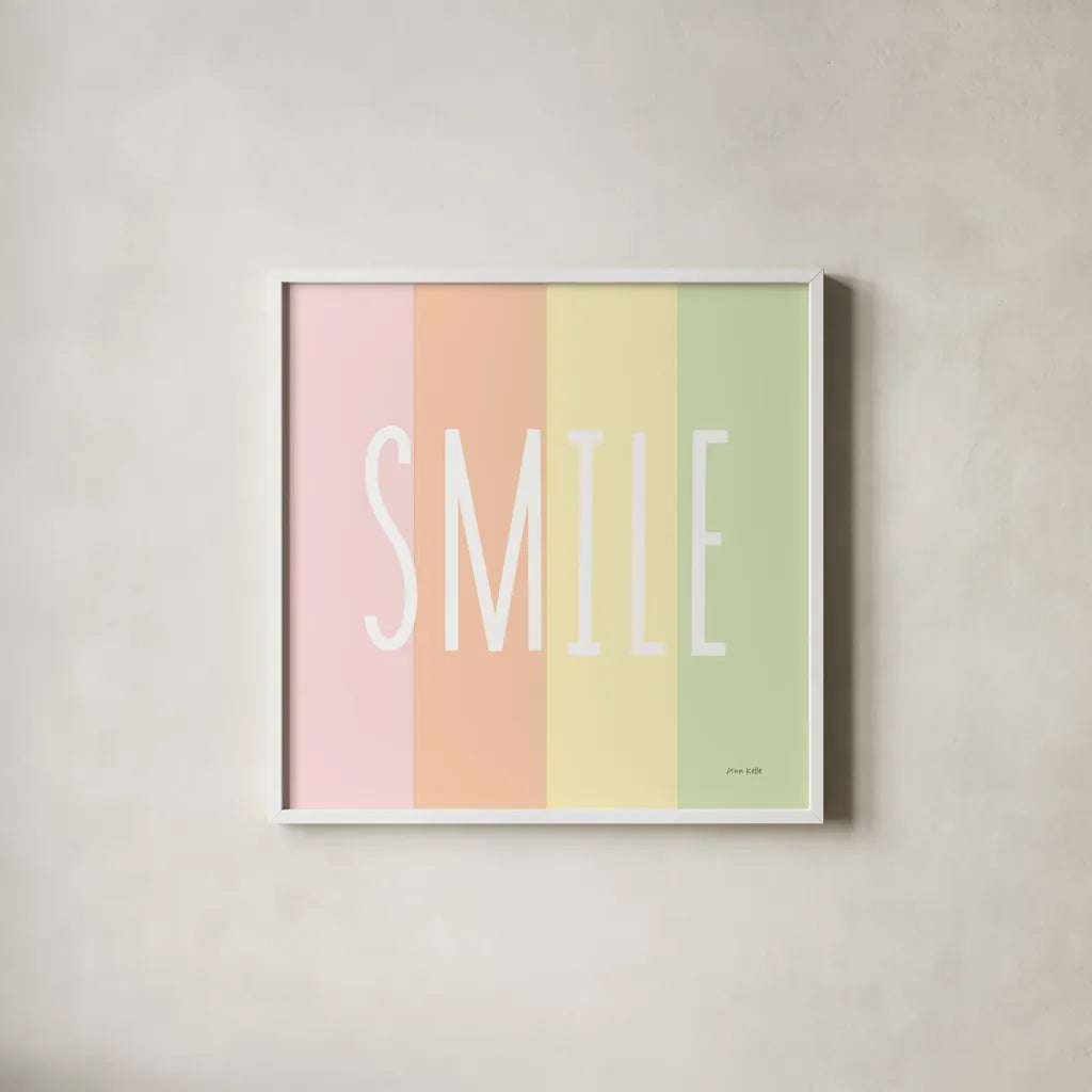 Smile Rainbow by Ann Kelle. Shown in a crisp white glass frame for a clean and minimalist style. Available as an archival giclee rolled canvas, fine art paper, or poster print. SKU 55603a.