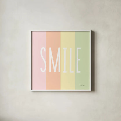 Smile Rainbow by Ann Kelle. Shown in a crisp white glass frame for a clean and minimalist style. Available as an archival giclee rolled canvas, fine art paper, or poster print. SKU 55603a.