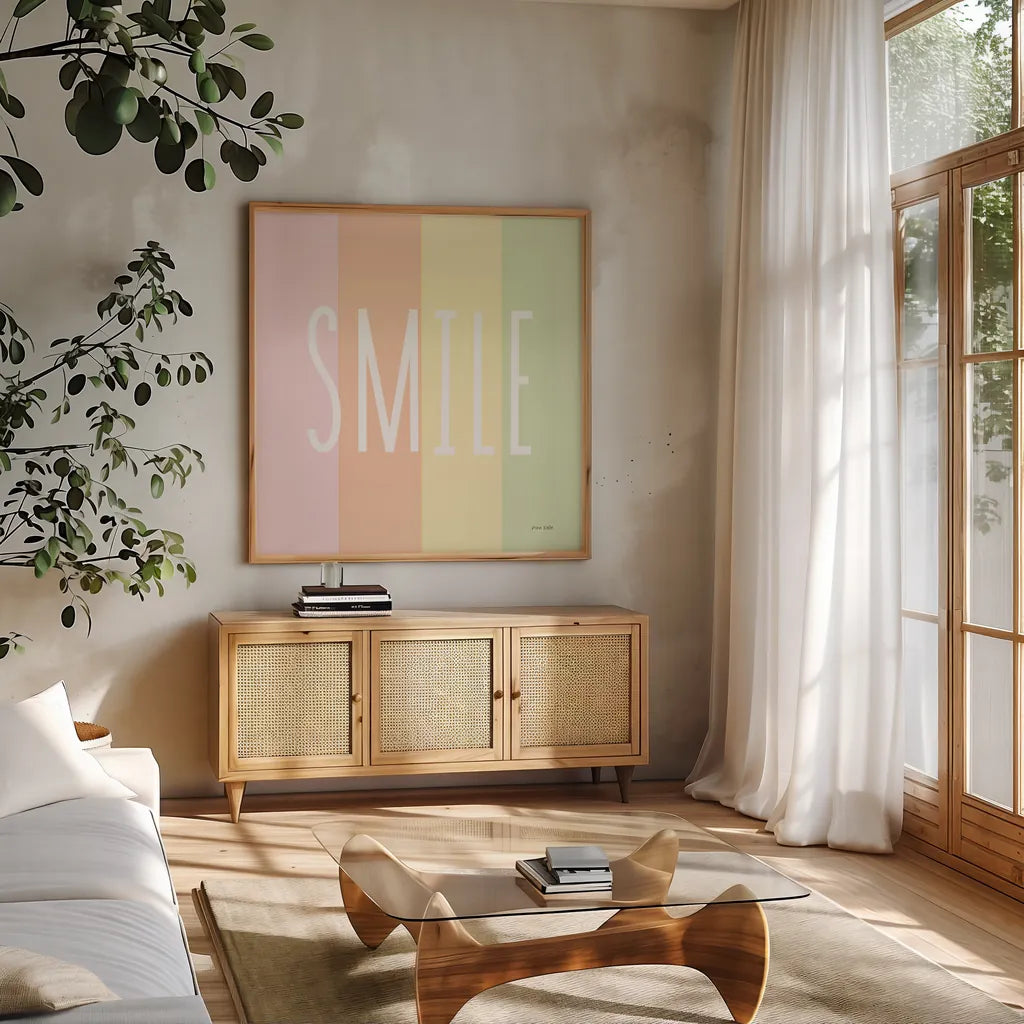 Smile Rainbow by Ann Kelle. Shown in a natural wood frame in a cozy modern living room. Available as an archival giclee rolled canvas, fine art paper, or poster print. SKU 55603a.