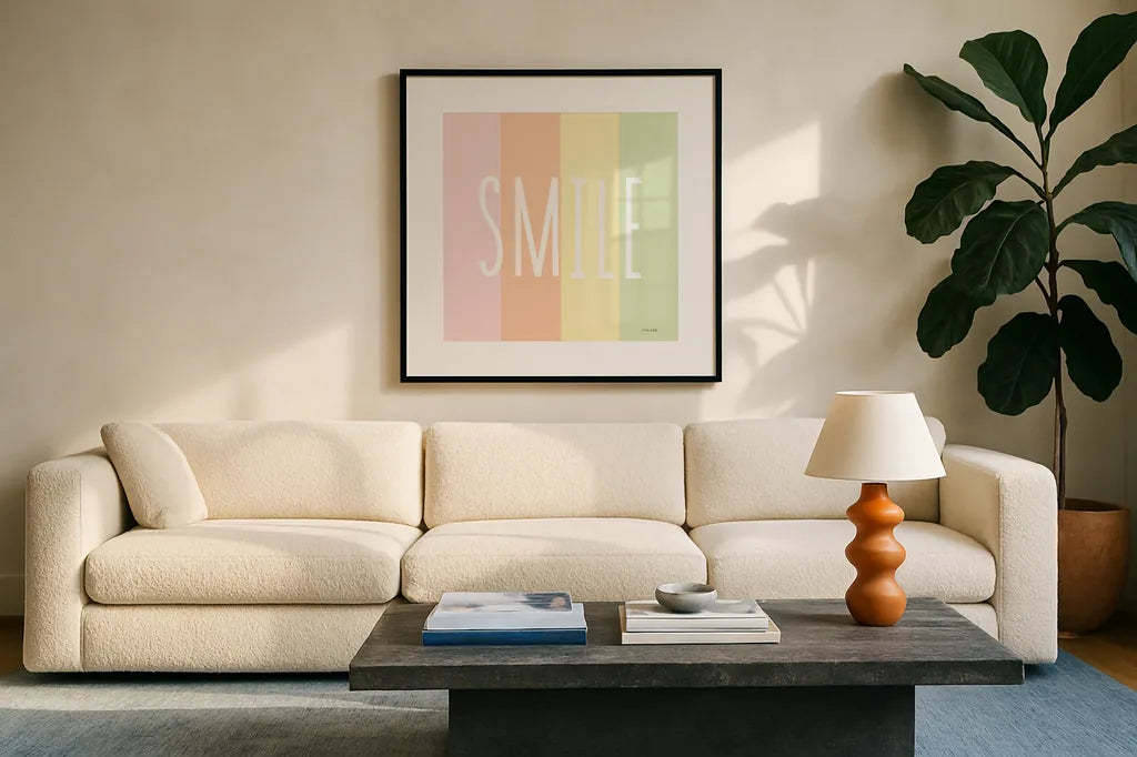 Smile Rainbow by Ann Kelle. Displayed in a glass frame with matte in a clean modern living room. Available as an archival giclee rolled canvas, fine art paper, or poster print. SKU 55603a.