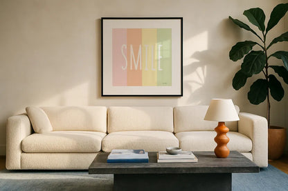 Smile Rainbow by Ann Kelle. Displayed in a glass frame with matte in a clean modern living room. Available as an archival giclee rolled canvas, fine art paper, or poster print. SKU 55603a.