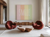 Smile Rainbow by Ann Kelle. Shown as extra-large giant wall art in a modern living room. Available as an archival giclee rolled canvas, fine art paper, or poster print. SKU 55603a.
