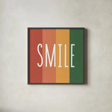 Smile Rainbow Retro by Ann Kelle. Shown in a sleek black glass frame for a contemporary gallery look. Available as an archival giclee rolled canvas, fine art paper, or poster print. SKU 56931a.