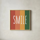 Smile Rainbow Retro by Ann Kelle. Shown in a natural wood glass frame for a timeless modern aesthetic. Available as an archival giclee rolled canvas, fine art paper, or poster print. SKU 56931a.