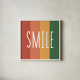 Smile Rainbow Retro by Ann Kelle. Shown in a crisp white glass frame for a clean and minimalist style. Available as an archival giclee rolled canvas, fine art paper, or poster print. SKU 56931a.