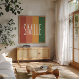 Smile Rainbow Retro by Ann Kelle. Shown in a natural wood frame in a cozy modern living room. Available as an archival giclee rolled canvas, fine art paper, or poster print. SKU 56931a.