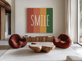 Smile Rainbow Retro by Ann Kelle. Shown as extra-large giant wall art in a modern living room. Available as an archival giclee rolled canvas, fine art paper, or poster print. SKU 56931a.