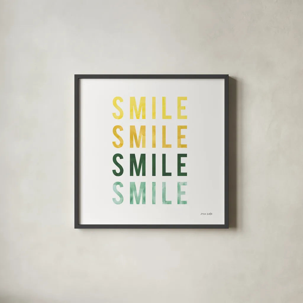 Smile Smile by Ann Kelle. Shown in a sleek black glass frame for a contemporary gallery look. Available as an archival giclee rolled canvas, fine art paper, or poster print. SKU 55605a.