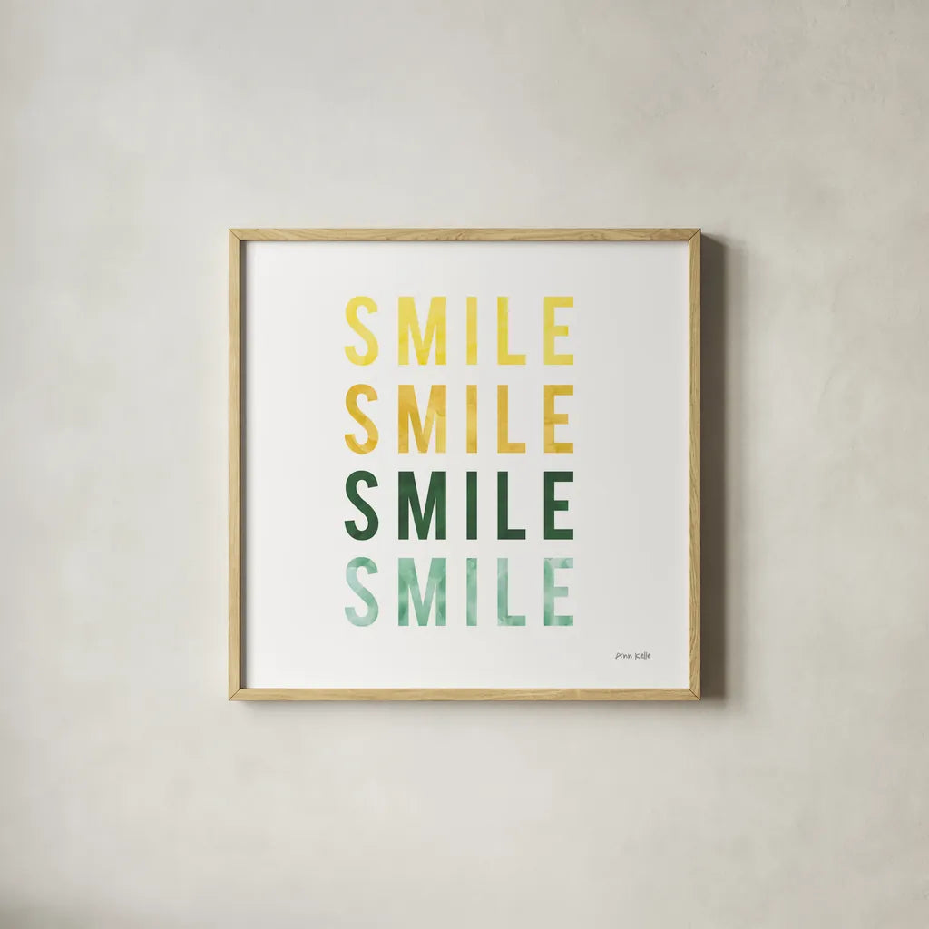 Smile Smile by Ann Kelle. Shown in a natural wood glass frame for a timeless modern aesthetic. Available as an archival giclee rolled canvas, fine art paper, or poster print. SKU 55605a.