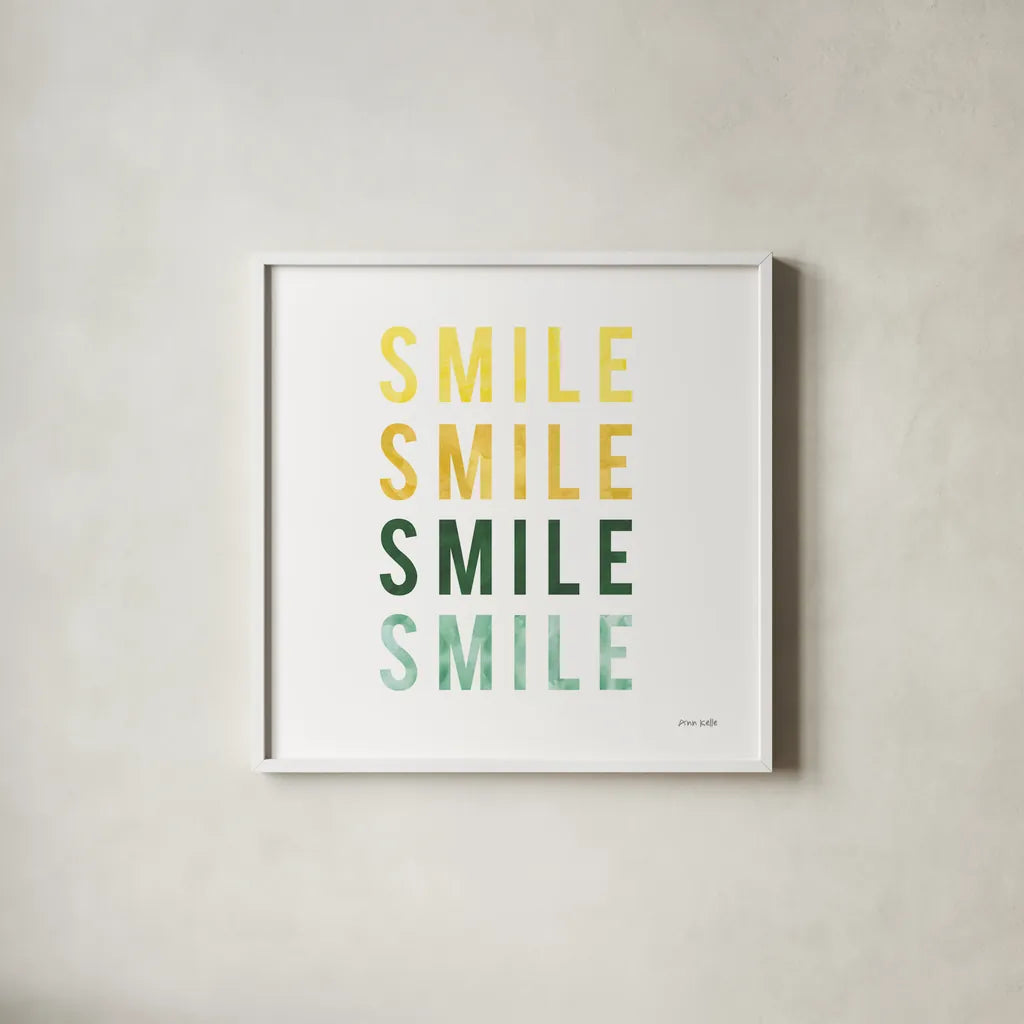 Smile Smile by Ann Kelle. Shown in a crisp white glass frame for a clean and minimalist style. Available as an archival giclee rolled canvas, fine art paper, or poster print. SKU 55605a.