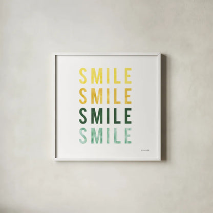 Smile Smile by Ann Kelle. Shown in a crisp white glass frame for a clean and minimalist style. Available as an archival giclee rolled canvas, fine art paper, or poster print. SKU 55605a.