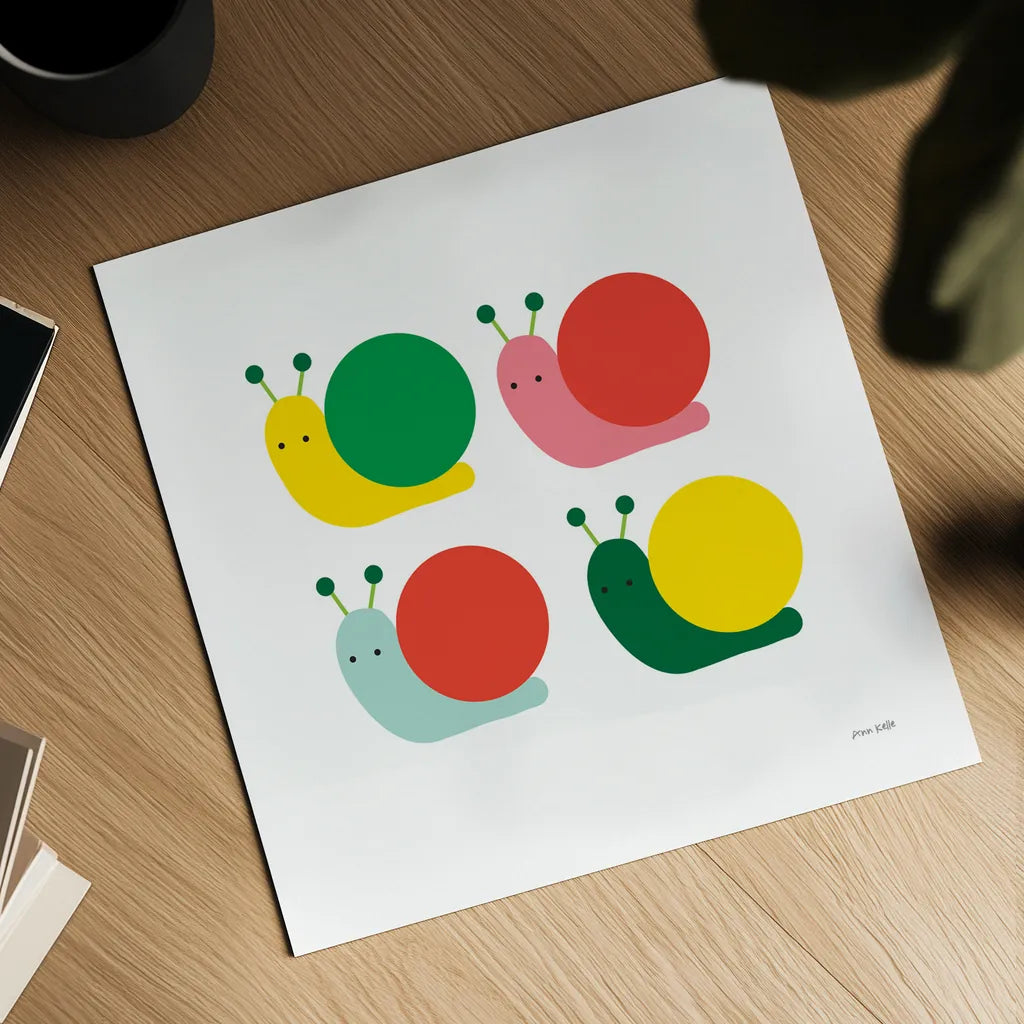 Snails Four by Ann Kelle. Shown as a detailed flat fine art print, highlighting archival giclee quality. Available as an archival giclee rolled canvas, fine art paper, or poster print. SKU 55587a.