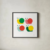 Snails Four by Ann Kelle. Shown in a sleek black glass frame for a contemporary gallery look. Available as an archival giclee rolled canvas, fine art paper, or poster print. SKU 55587a.
