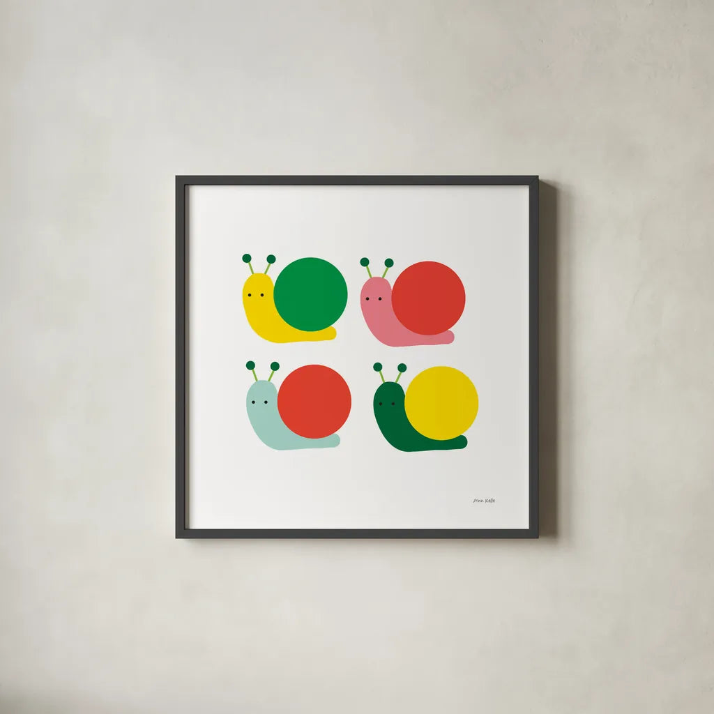 Snails Four by Ann Kelle. Shown in a sleek black glass frame for a contemporary gallery look. Available as an archival giclee rolled canvas, fine art paper, or poster print. SKU 55587a.