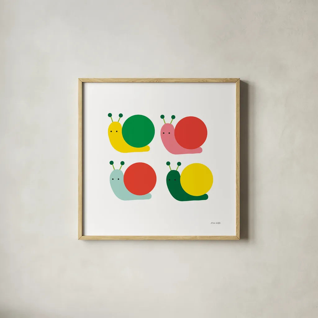 Snails Four by Ann Kelle. Shown in a natural wood glass frame for a timeless modern aesthetic. Available as an archival giclee rolled canvas, fine art paper, or poster print. SKU 55587a.