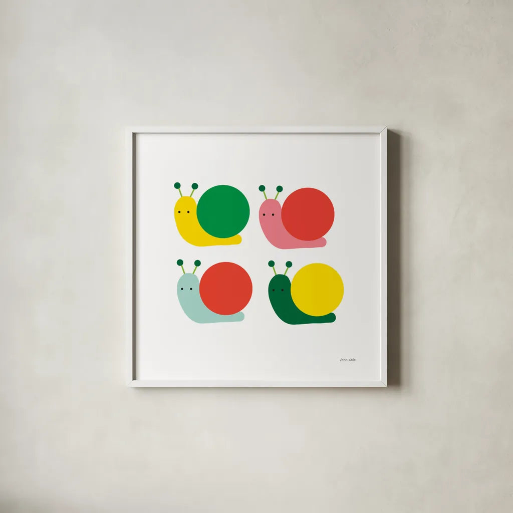 Snails Four by Ann Kelle. Shown in a crisp white glass frame for a clean and minimalist style. Available as an archival giclee rolled canvas, fine art paper, or poster print. SKU 55587a.