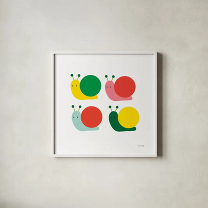 Snails Four by Ann Kelle. Shown in a crisp white glass frame for a clean and minimalist style. Available as an archival giclee rolled canvas, fine art paper, or poster print. SKU 55587a.