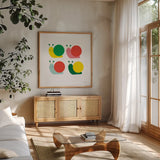 Snails Four by Ann Kelle. Shown in a natural wood frame in a cozy modern living room. Available as an archival giclee rolled canvas, fine art paper, or poster print. SKU 55587a.