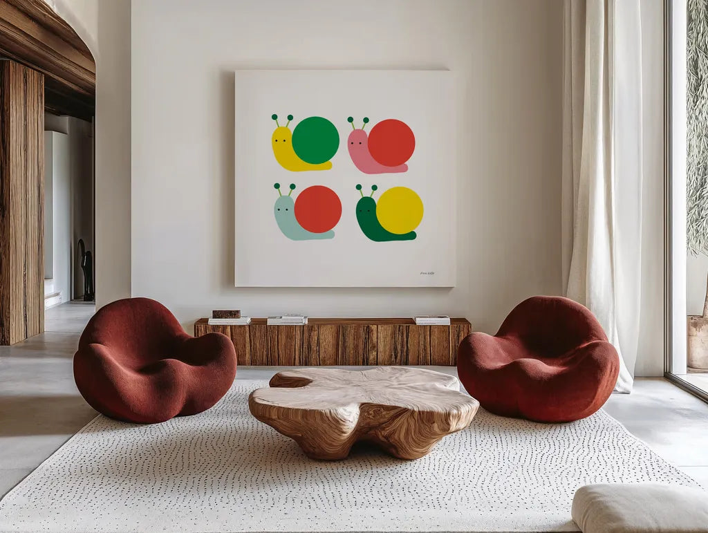 Snails Four by Ann Kelle. Shown as extra-large giant wall art in a modern living room. Available as an archival giclee rolled canvas, fine art paper, or poster print. SKU 55587a.