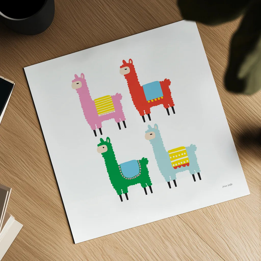 The Llamas by Ann Kelle. Shown as a detailed flat fine art print, highlighting archival giclee quality. Available as an archival giclee rolled canvas, fine art paper, or poster print. SKU 56424a.