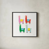 The Llamas by Ann Kelle. Shown in a sleek black glass frame for a contemporary gallery look. Available as an archival giclee rolled canvas, fine art paper, or poster print. SKU 56424a.