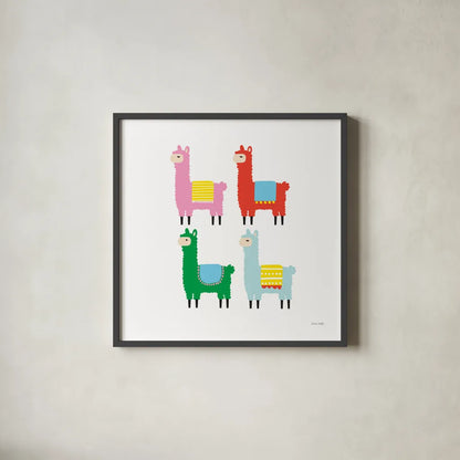 The Llamas by Ann Kelle. Shown in a sleek black glass frame for a contemporary gallery look. Available as an archival giclee rolled canvas, fine art paper, or poster print. SKU 56424a.