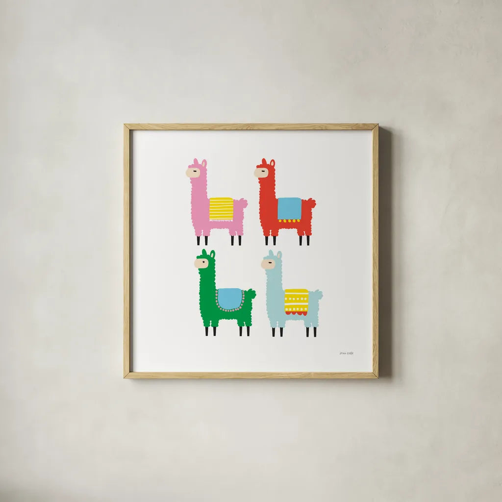 The Llamas by Ann Kelle. Shown in a natural wood glass frame for a timeless modern aesthetic. Available as an archival giclee rolled canvas, fine art paper, or poster print. SKU 56424a.