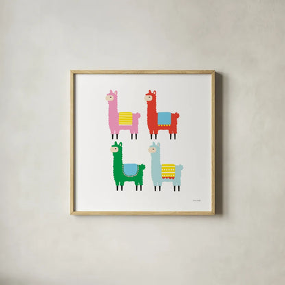 The Llamas by Ann Kelle. Shown in a natural wood glass frame for a timeless modern aesthetic. Available as an archival giclee rolled canvas, fine art paper, or poster print. SKU 56424a.