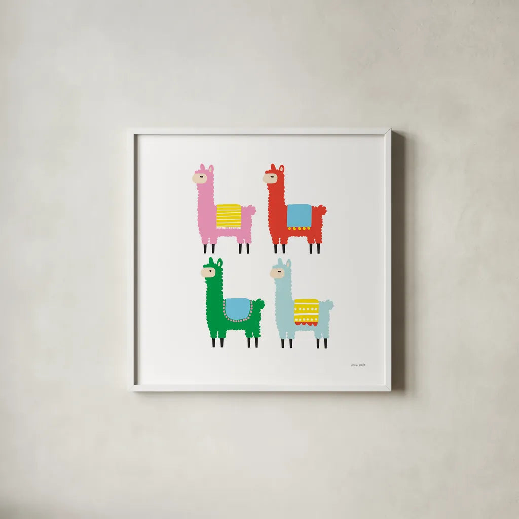 The Llamas by Ann Kelle. Shown in a crisp white glass frame for a clean and minimalist style. Available as an archival giclee rolled canvas, fine art paper, or poster print. SKU 56424a.