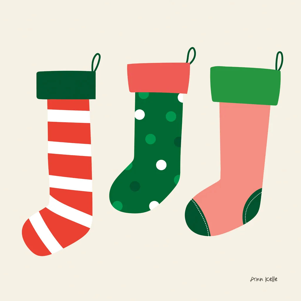 Three Stockings by Ann Kelle. SKU 81237a. Archival Giclee Fine art print for wall decor.