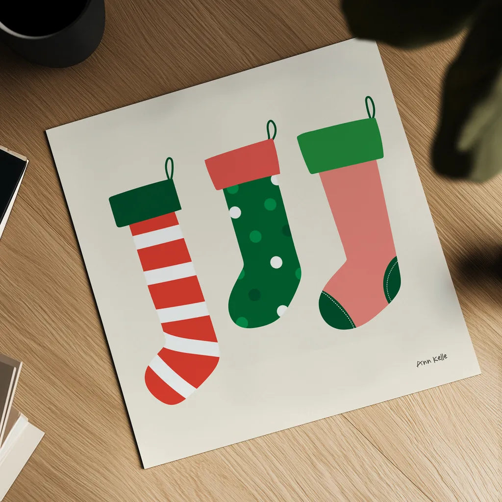 Three Stockings by Ann Kelle. Shown as a detailed flat fine art print, highlighting archival giclee quality. Available as an archival giclee rolled canvas, fine art paper, or poster print. SKU 81237a.