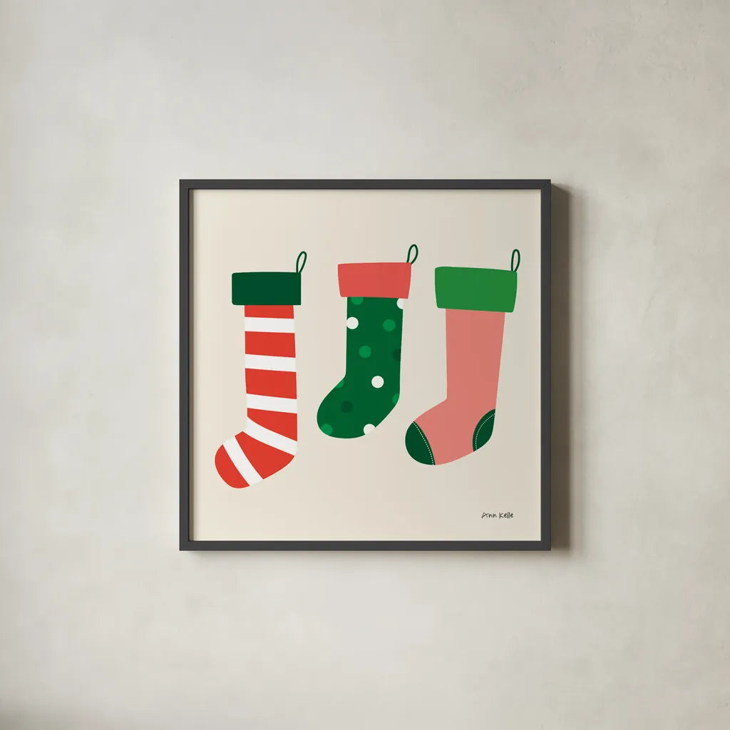 Three Stockings by Ann Kelle. Shown in a sleek black glass frame for a contemporary gallery look. Available as an archival giclee rolled canvas, fine art paper, or poster print. SKU 81237a.