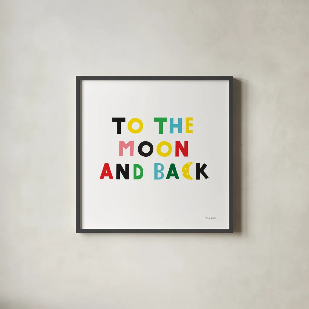 To the Moon and Back by Ann Kelle. Shown in a sleek black glass frame for a contemporary gallery look. Available as an archival giclee rolled canvas, fine art paper, or poster print. SKU 55599a.