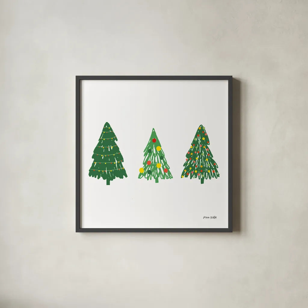 Trees on White by Ann Kelle. Shown in a sleek black glass frame for a contemporary gallery look. Available as an archival giclee rolled canvas, fine art paper, or poster print. SKU 84088a.