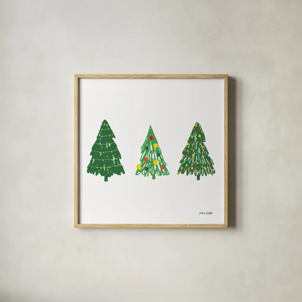 Trees on White by Ann Kelle. Shown in a natural wood glass frame for a timeless modern aesthetic. Available as an archival giclee rolled canvas, fine art paper, or poster print. SKU 84088a.