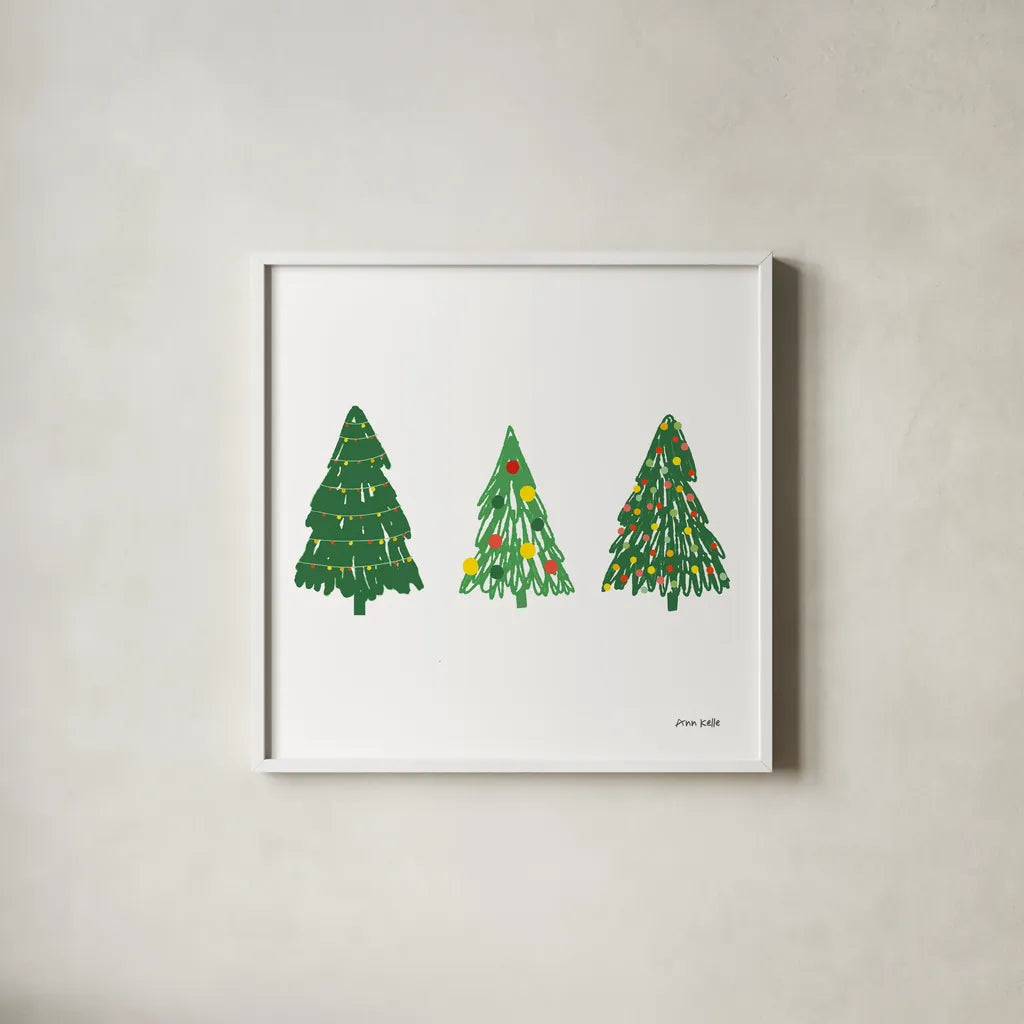 Trees on White by Ann Kelle. Shown in a crisp white glass frame for a clean and minimalist style. Available as an archival giclee rolled canvas, fine art paper, or poster print. SKU 84088a.