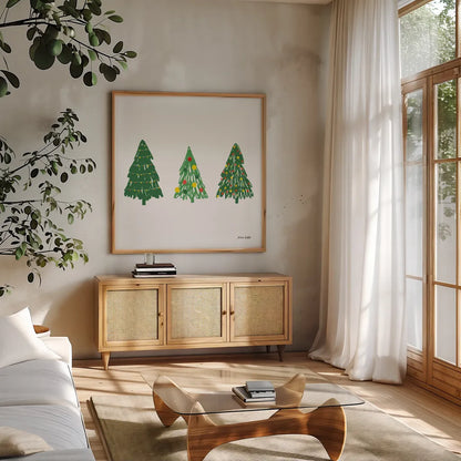 Trees on White by Ann Kelle. Shown in a natural wood frame in a cozy modern living room. Available as an archival giclee rolled canvas, fine art paper, or poster print. SKU 84088a.