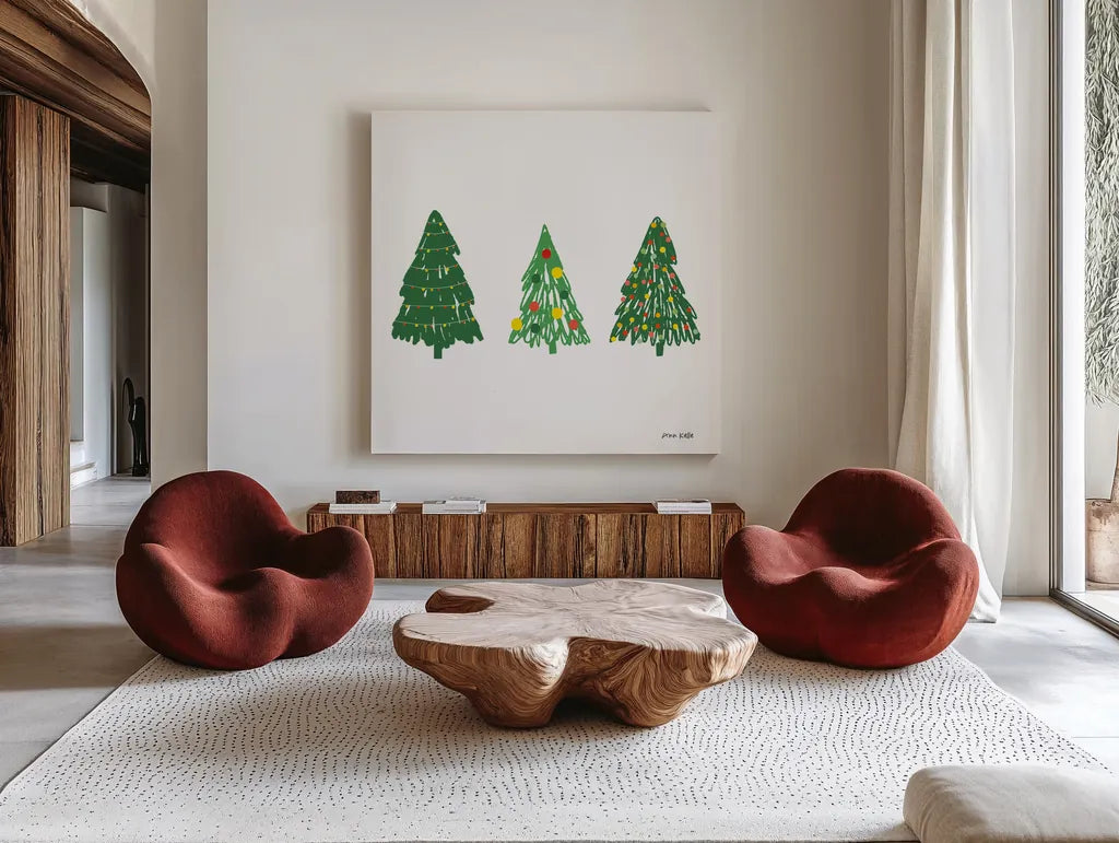 Trees on White by Ann Kelle. Shown as extra-large giant wall art in a modern living room. Available as an archival giclee rolled canvas, fine art paper, or poster print. SKU 84088a.
