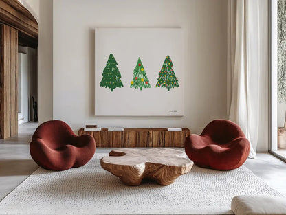 Trees on White by Ann Kelle. Shown as extra-large giant wall art in a modern living room. Available as an archival giclee rolled canvas, fine art paper, or poster print. SKU 84088a.