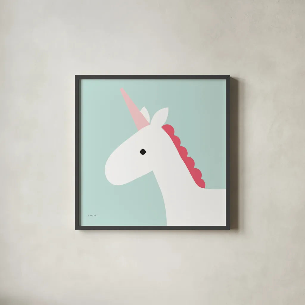 Unicorn by Ann Kelle. Shown in a sleek black glass frame for a contemporary gallery look. Available as an archival giclee rolled canvas, fine art paper, or poster print. SKU 56457a.