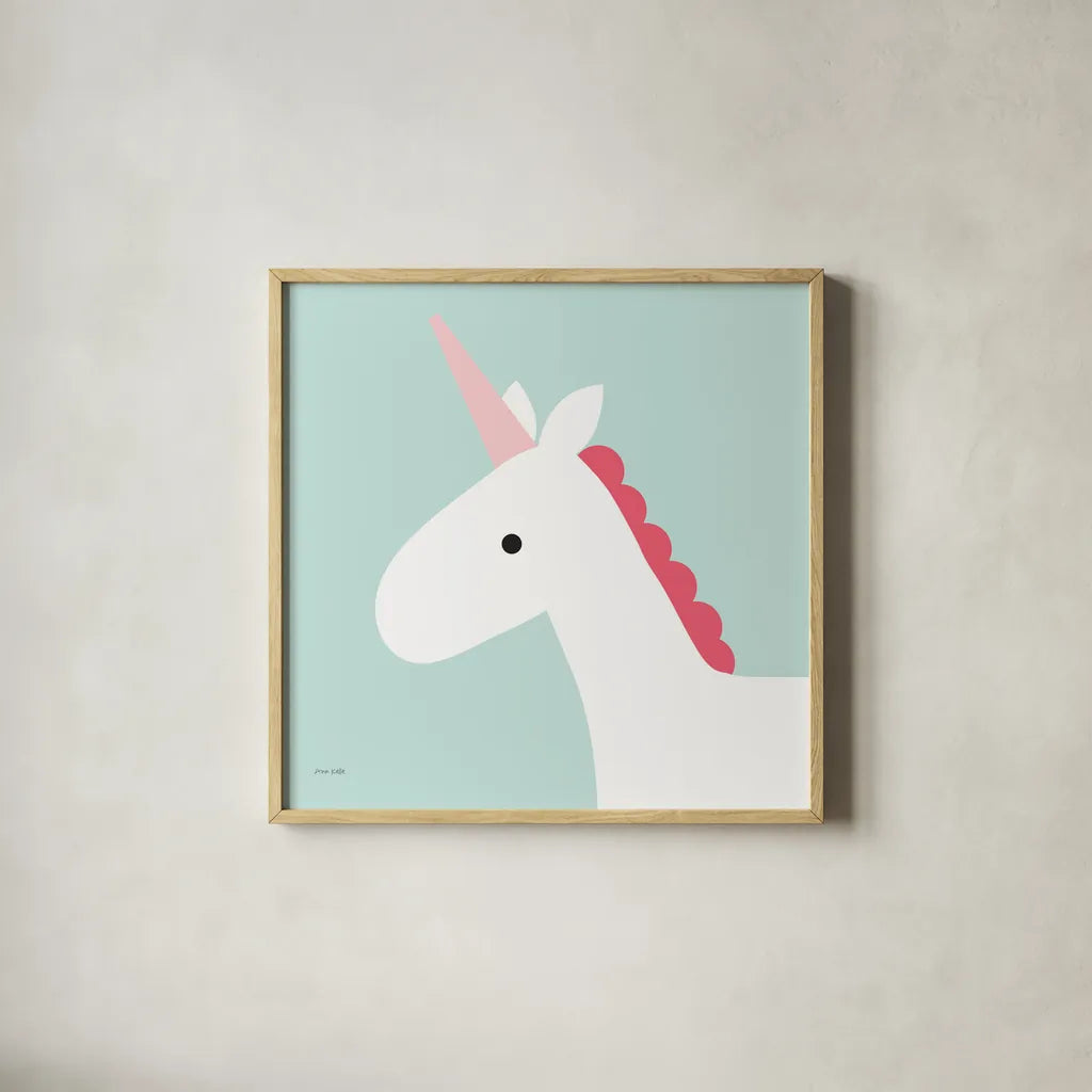 Unicorn by Ann Kelle. Shown in a natural wood glass frame for a timeless modern aesthetic. Available as an archival giclee rolled canvas, fine art paper, or poster print. SKU 56457a.